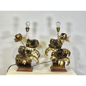 Pair Of Jansen House Lamps, Flowers And Sunflowers, Gilded Brass, 1970s