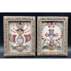 Pair Of Framed Compositions Made Of Seashells And Various Seafood Products