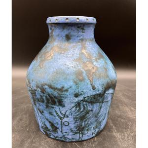 Jacques Blin Large Vase Decorated With Savannah Animals: Giraffe, Buffalo, Zebu, Incised Decoration, Blue Background