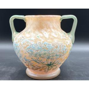 Daum Nancy Vase With Umbellifers, Dragonflies And Butterflies, Art Nouveau Style, With Powdered Handles