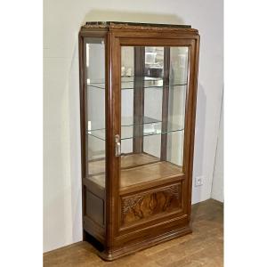 Art Deco Walnut Display Cabinet, Glazed On All Sides, Marble Top