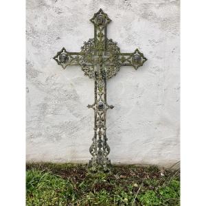 Cast Iron Cemetery Cross With The Four Gospels, Double-sided, 19th Century