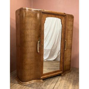 Art Deco Wardrobe In Amboyna Burl Wood With 3 Doors And A Central Mirror 