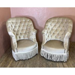 Pair Of Toadstool Bergère Armchairs Upholstered In Velvet With High Backs And Louis XVI/napoleon III Style Legs