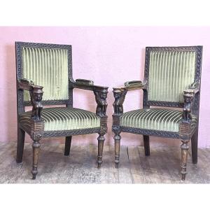 Pair Of Empire Style Armchairs, Egyptian Revival Style, Decorated With Sphinxes