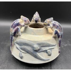Charles Greber Art Nouveau Stoneware Vase, Chameleon Gecko In Eucalyptus, Ceramic, Beauvais