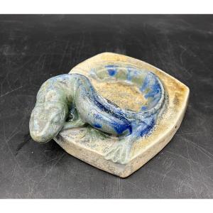 Charles Greber Art Nouveau Stoneware Ashtray With Lizard Motif, Beauvais Ceramic