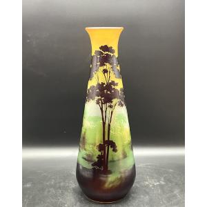Large Gallé Vase, Lakeside Landscape, 50 Cm, Art Nouveau, Multi-layered Glass, Acid-etched
