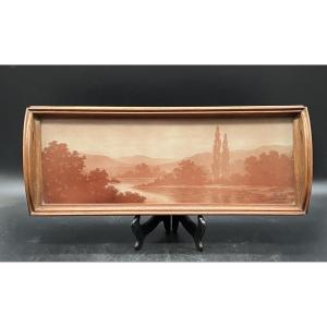 Jacques Gruber Engraved Glass Tray, Art Nouveau Lakeside Landscape