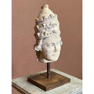 Limestone Sculpture Of A Bishop's Head, 16th Century 