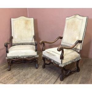 Pair Of Louis XIV Period Armchairs In Walnut Mouton Bone