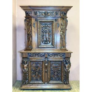 Walnut Renaissance Diminutive Sideboard Carved Figures 19th Century Chateau Furniture