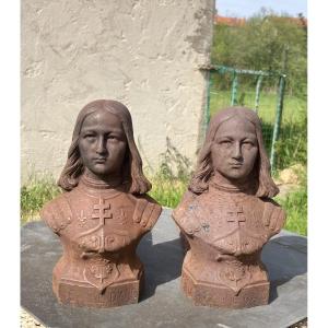 Pair Of Joan Of Arc Period Cast Iron Andirons