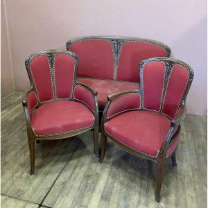 Art Nouveau Living Room 2 Bergères Armchairs + Edouard Diot Mahogany Hazelnut Sofa