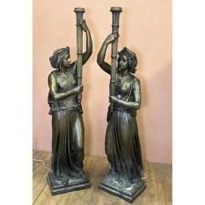 Large Pair Of 170 Cm Patinated Metal Torchères Bronze Floor Lamp