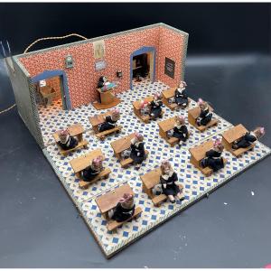 Doll School With Little Dolls And Religious Teacher Classroom Desk Bench Schoolgirls