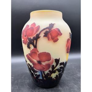 Muller Frères Luneville Large Vase Red Anemones 28.5 Cm Art Nouveau