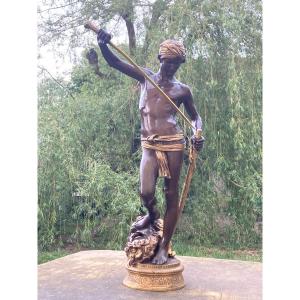 David Conqueror Of Goliath By Antonin Mercié 72 Cm Barbedienne Bronze Founder With Patina And Gilding