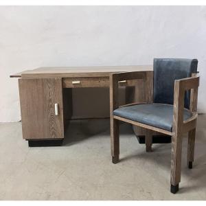 Michel Dufet Modernist Desk And Armchair In Ceruse Oak