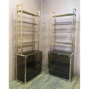 Pair Of Dlg Pierre Vandel Library Shelves In Gilded Brass And Smoked Glass From The 70s