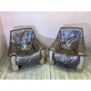 Pair Of Brutalist Oak And Leather Armchairs