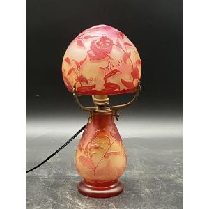 Gallé Art Nouveau Fleur-de-lys Mushroom Lamp In Acid-etched Multi-layered Glass