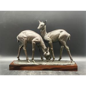 Irénée Rochard Art Deco Bronze Two Deer On Macassar Ebony Base