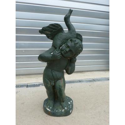 Statue Of Garden Cast Iron Cherub Cygnus 19th Time