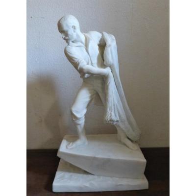 Pierre Ogé, Sculpture Marble 19th, Fisherman Au Filet