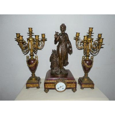 Raingo And Gregoire: Pendulum Trim And Pair Of Candelabra Gilt Bronze And Marble