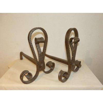 Edouard Schenck, Pair Of Wrought Iron Andirons Years 30
