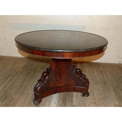 Pedestal Mahogany 19th, Foot Decoration Swans Marble Top