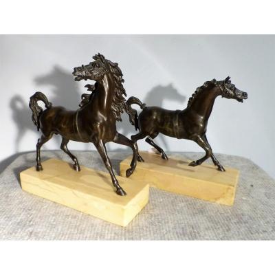 Pair Of Horse Bronzes On Marble Bases