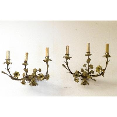 Pair Off Bronze Sconses With Flowers