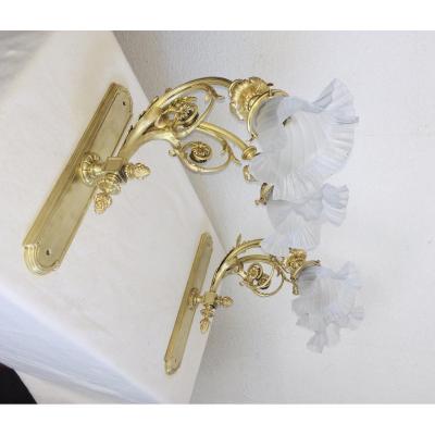 Beautiful Pair Of Double Gilt Bronze Sconces Signed Berlié Lyon