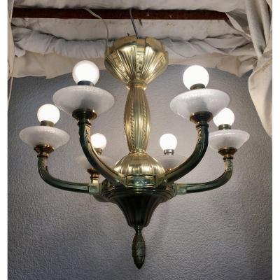 Daum Chandelier Art Deco Bronze And Frosted Glass