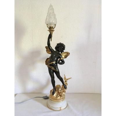 Auguste Moreau, Beautiful Bronze Lamp 68 Cm, At The Cherub