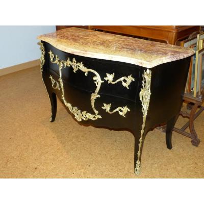 Louis XV Style Black Lacquered Commode Golden Bronzes
