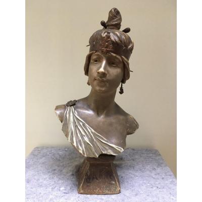 Georges Coudray: Bakie, Art Nouveau Polychrome Terracotta Bust