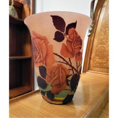 Müller Frères Lunéville, Art Nouveau Vase Engraved With Rose