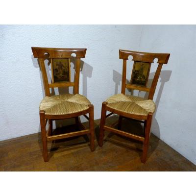 Pair Of Directoire Chairs In Cherry And Lithographed Sheet