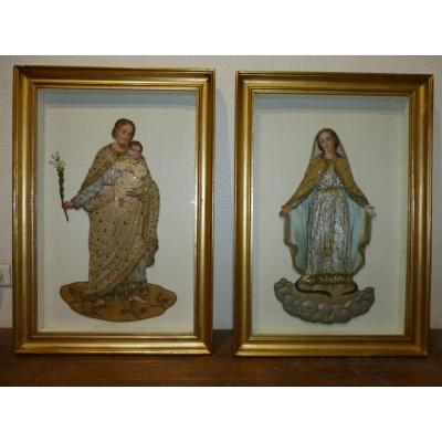 Religious Diorama: Mary, Joseph And Jesus, Embroidered Clothing, 82 X 57 Cm