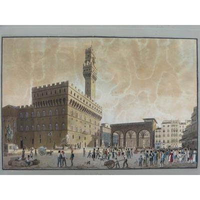 Italian School 19th Gouache Piazza Del Granduca Firenze