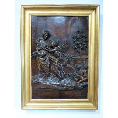 Zephyr And Flora Mythology Carved Walnut Panel 66 X 45 Cm Golden Frame