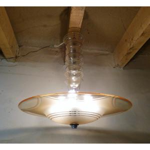 Daum Nancy, Art Deco Ceiling Chandelier In Etched And Frosted Art Deco Glass