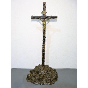19th Folk Art, Christ In Cross In Bronze And Wood