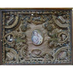 Virgin And Child Reliquary In Paperolles, 18th C.