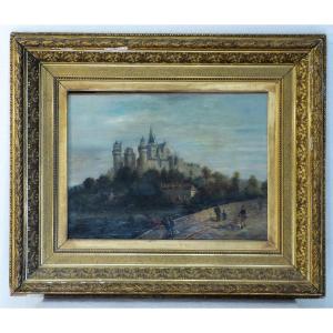 Painting 19th Landscape At The Castle 77 X 92 Cm