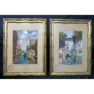 Charles Cousin, Pair Of Watercolor Venice