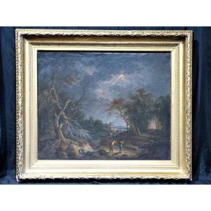 French School 18th Landscape Under The Storm With A Lightning